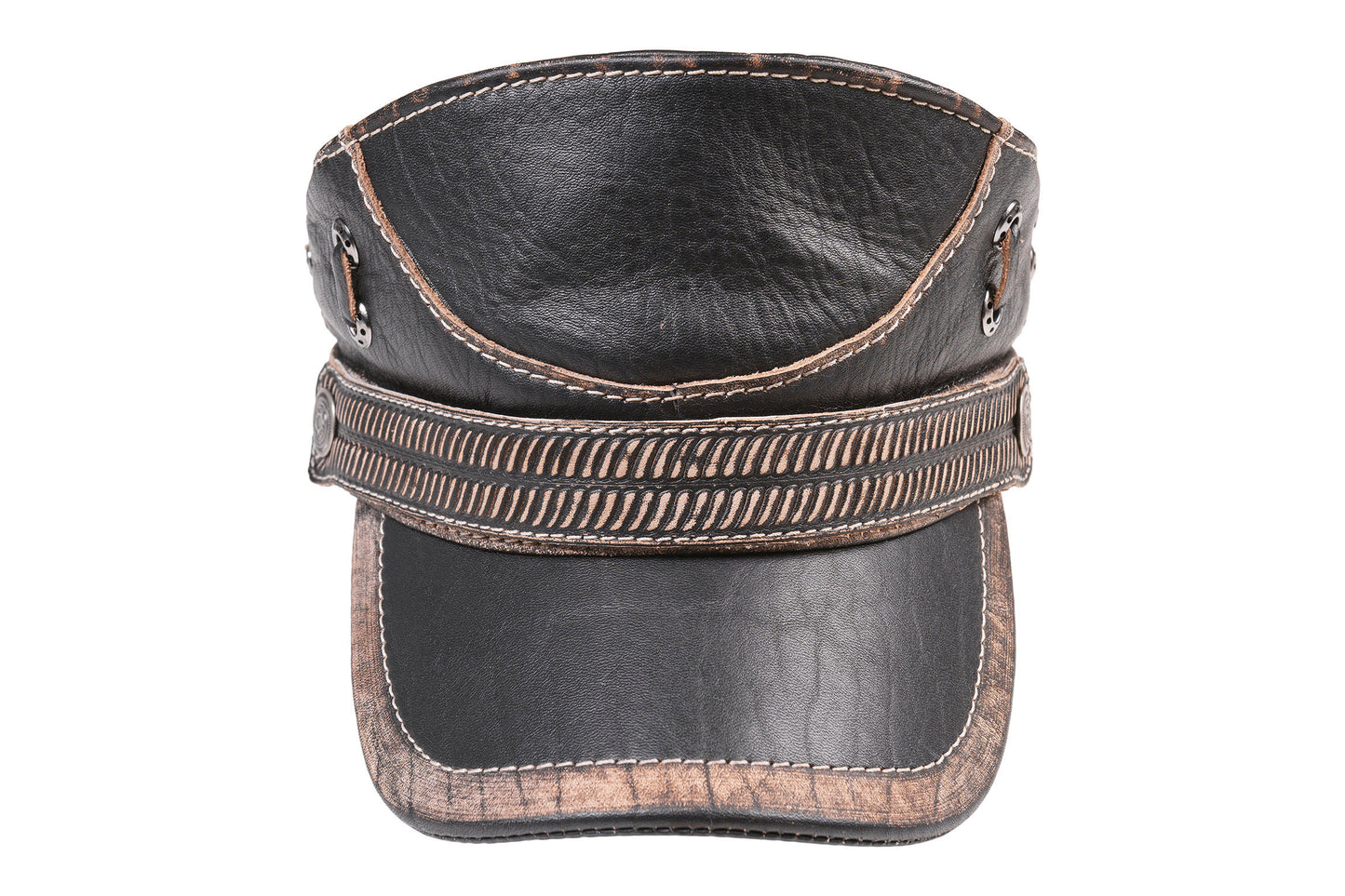 Distressed Black Leather Aviator Cap with Bronze Accents