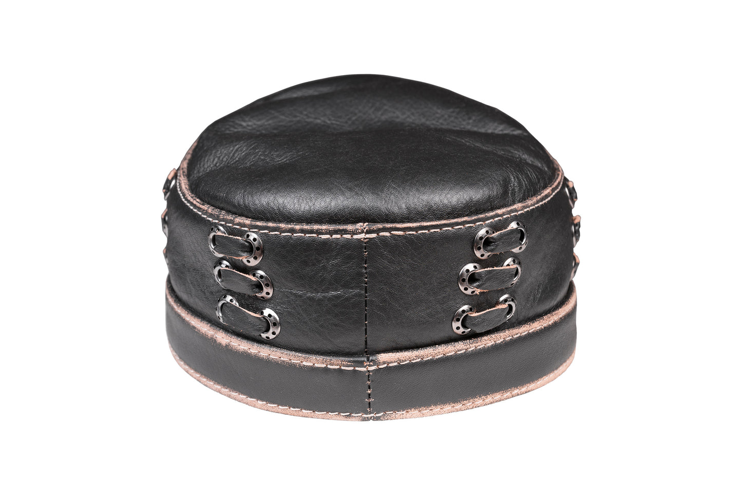 Distressed Black Leather Aviator Cap with Bronze Accents