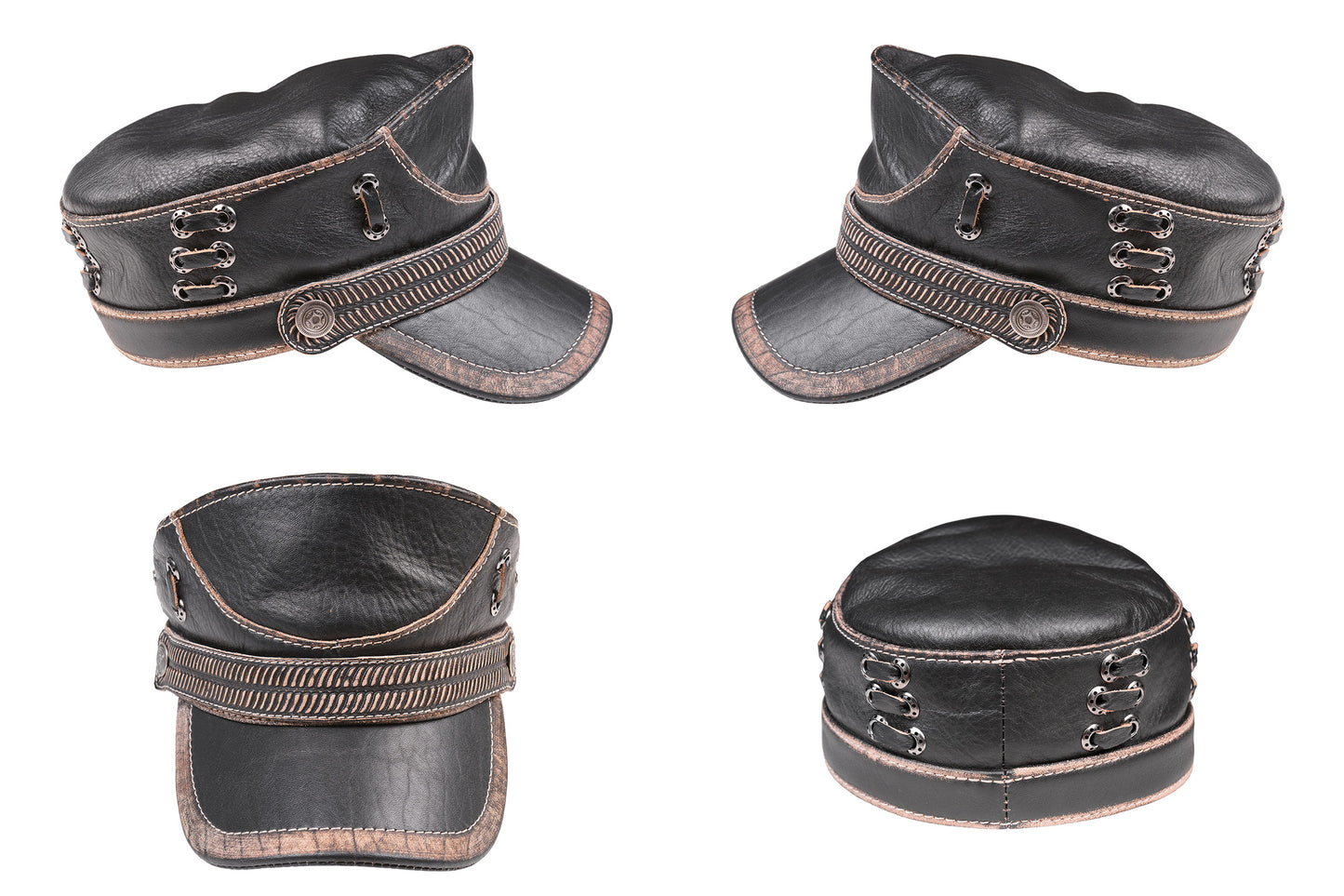 Distressed Black Leather Aviator Cap with Bronze Accents