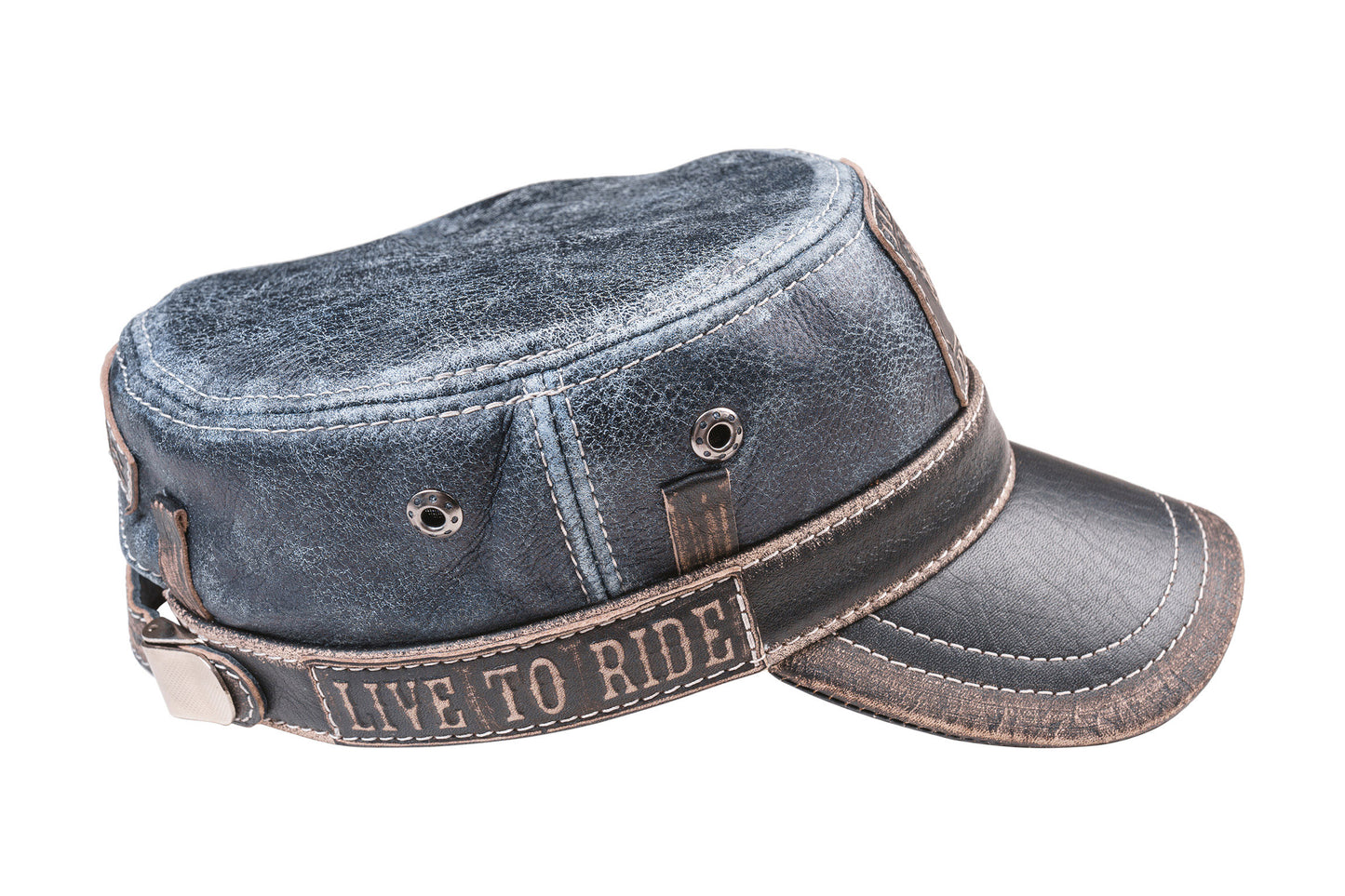 Vintage Denim Style Leather "Hard Ride" Military Cap