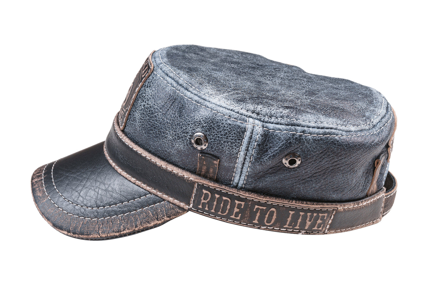 Vintage Denim Style Leather "Hard Ride" Military Cap