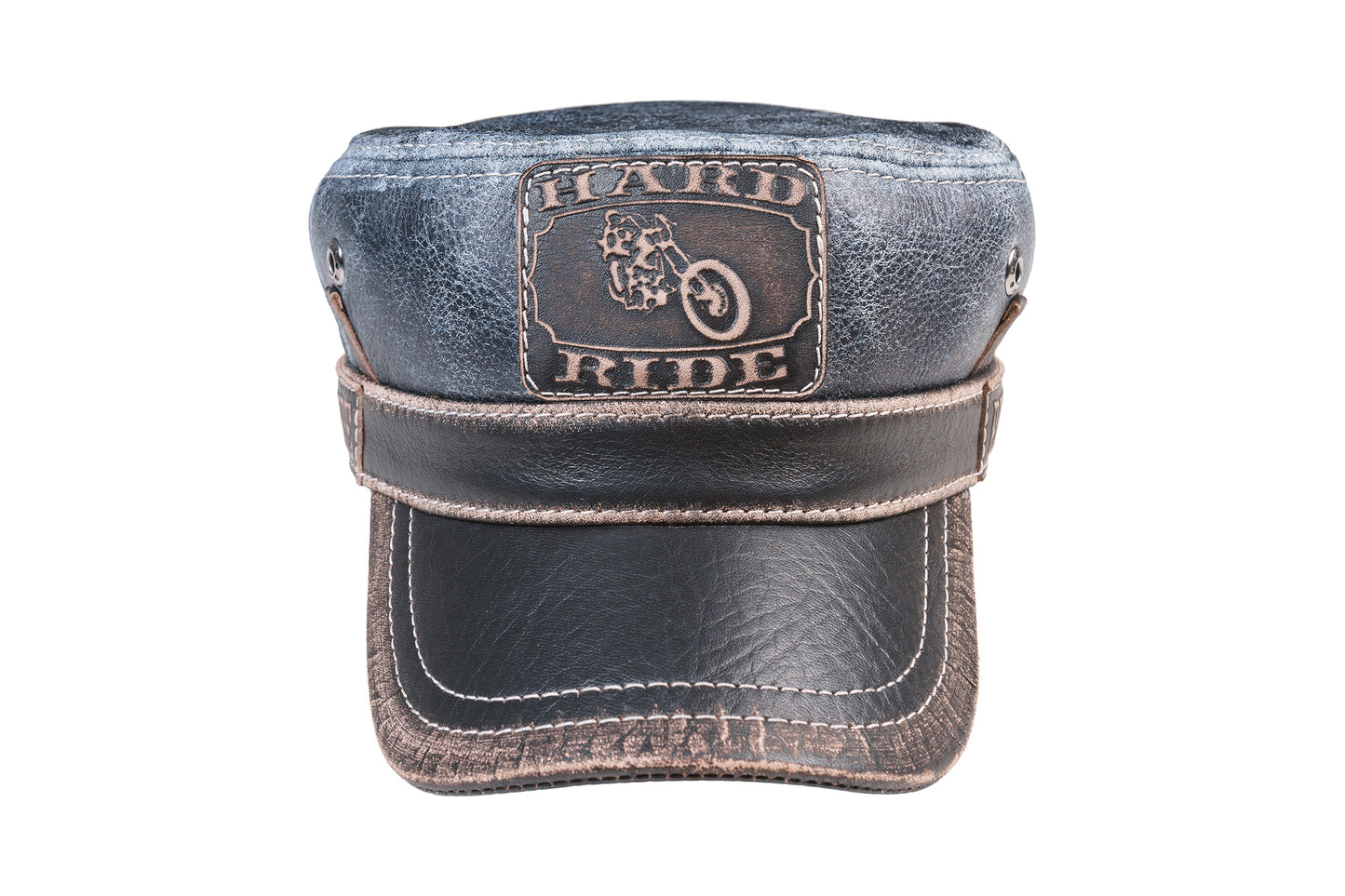 Vintage Denim Style Leather "Hard Ride" Military Cap