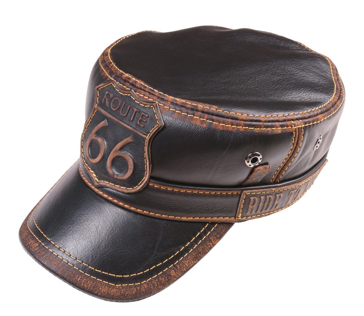 Premium Leather Cap with Route 66 Emblem - Handcrafted Biker Style