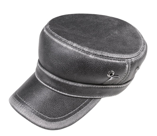 Classic Black Leather Biker Military Cap