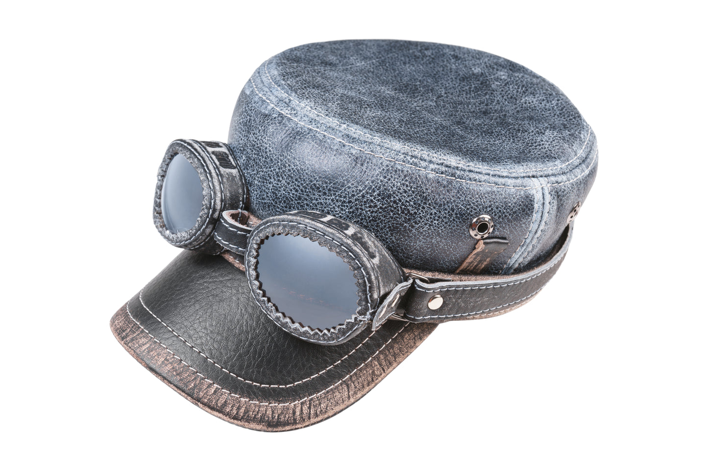 Leather Biker Hat: Handmade Motorcycle Cap with Denim-Patterned Leather and Black Brim| Apero Bullo