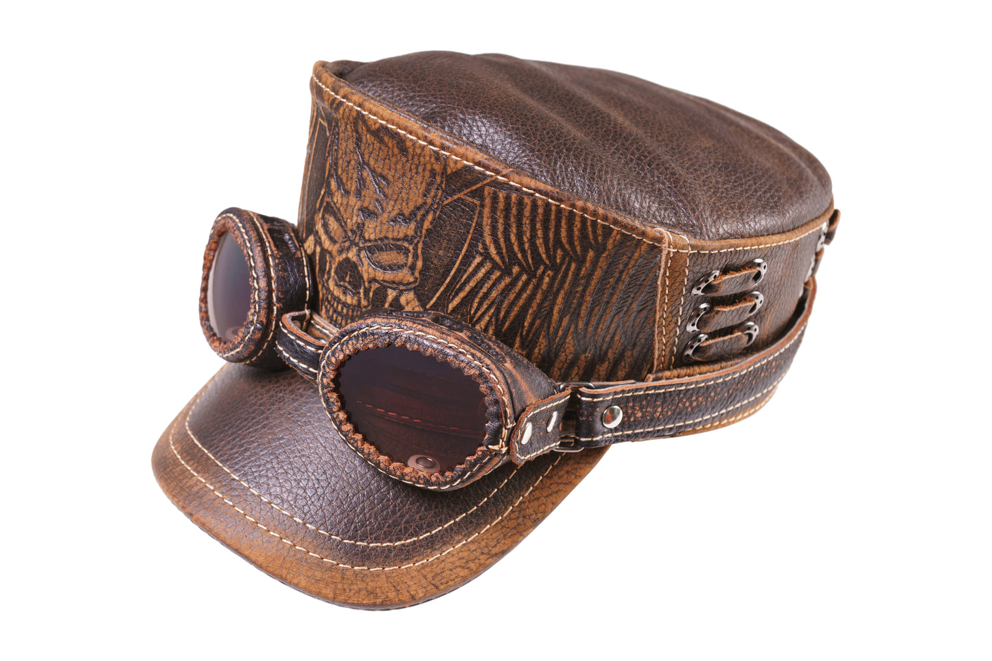Leather Biker Hat: Handmade Brown Motorcycle Cap with Skull and Wings Design | Apero Bullo