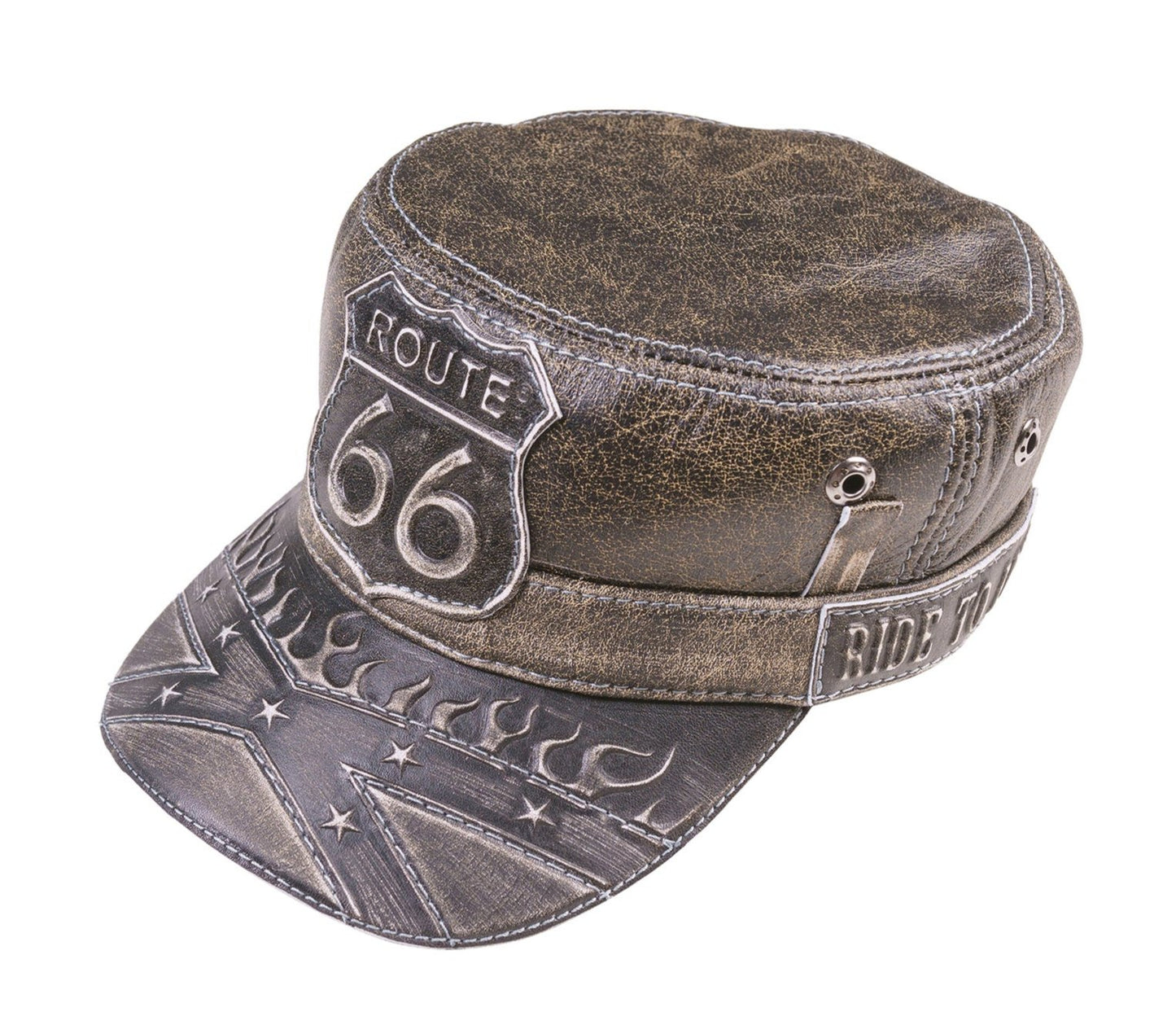 Vintage Route 66 Leather Biker Cap with Stars and Flames Embossed Design