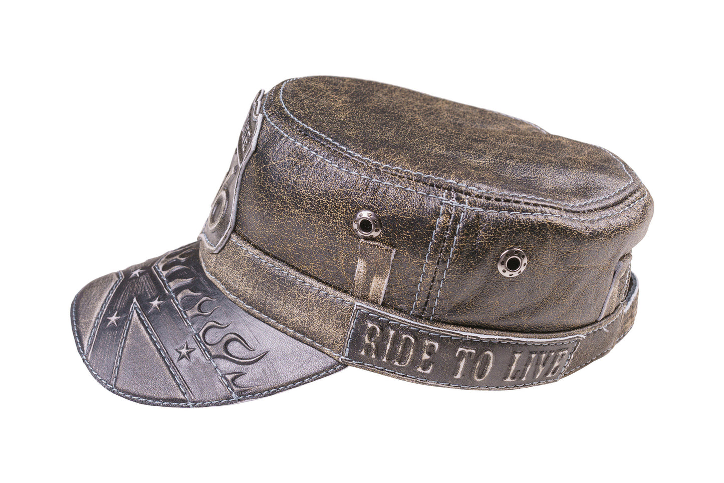 Vintage Route 66 Leather Biker Cap with Stars and Flames Embossed Design