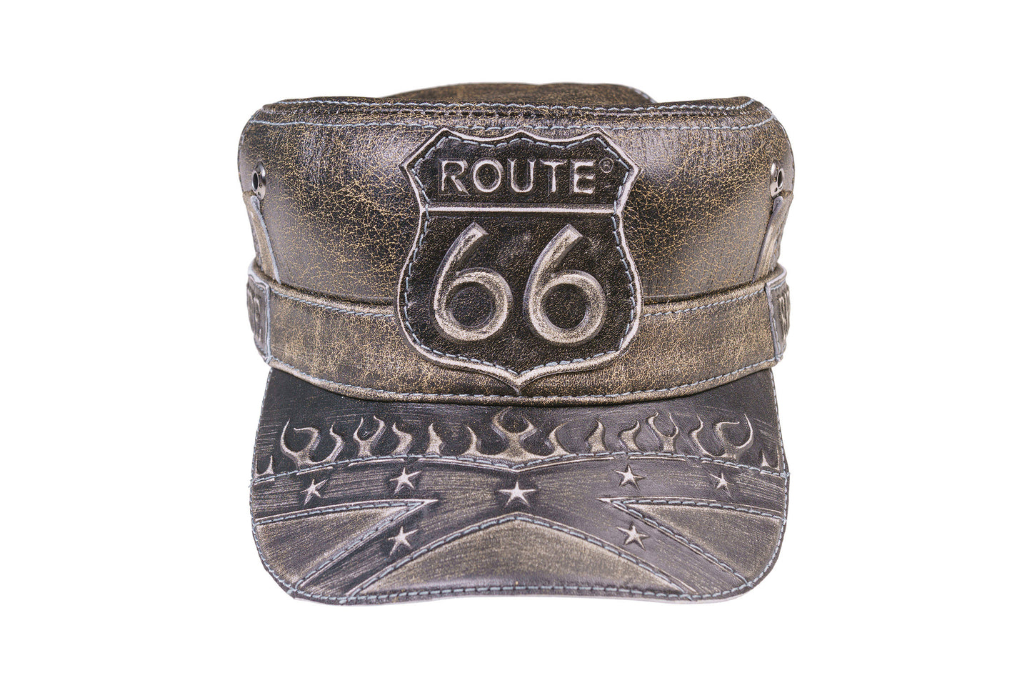 Vintage Route 66 Leather Biker Cap with Stars and Flames Embossed Design