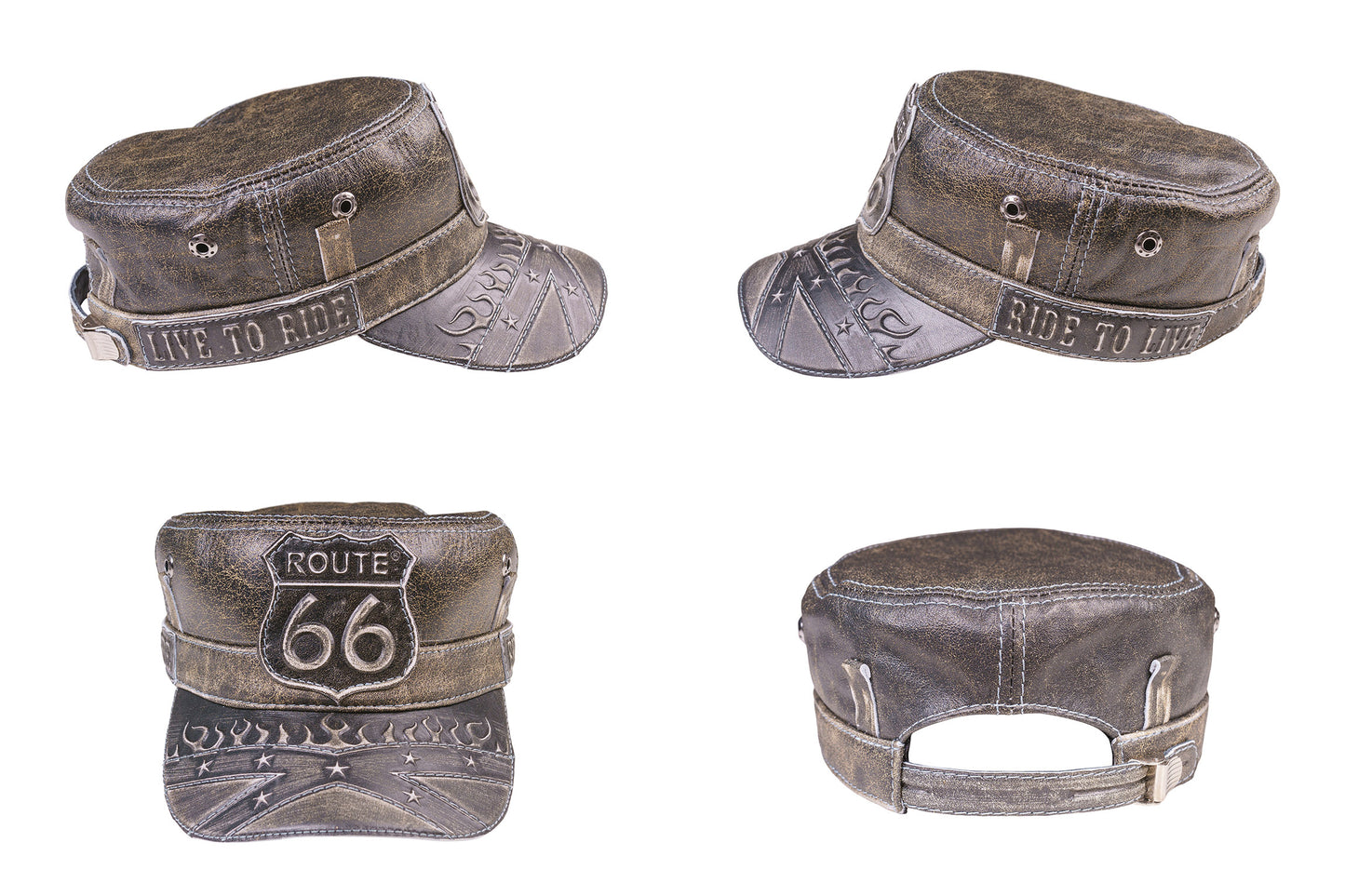 Vintage Route 66 Leather Biker Cap with Stars and Flames Embossed Design