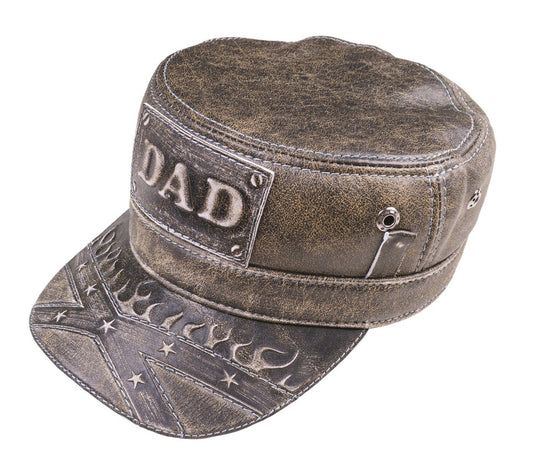 Vintage Leather DAD Biker Cap with with Stars and Flames Embossed Design