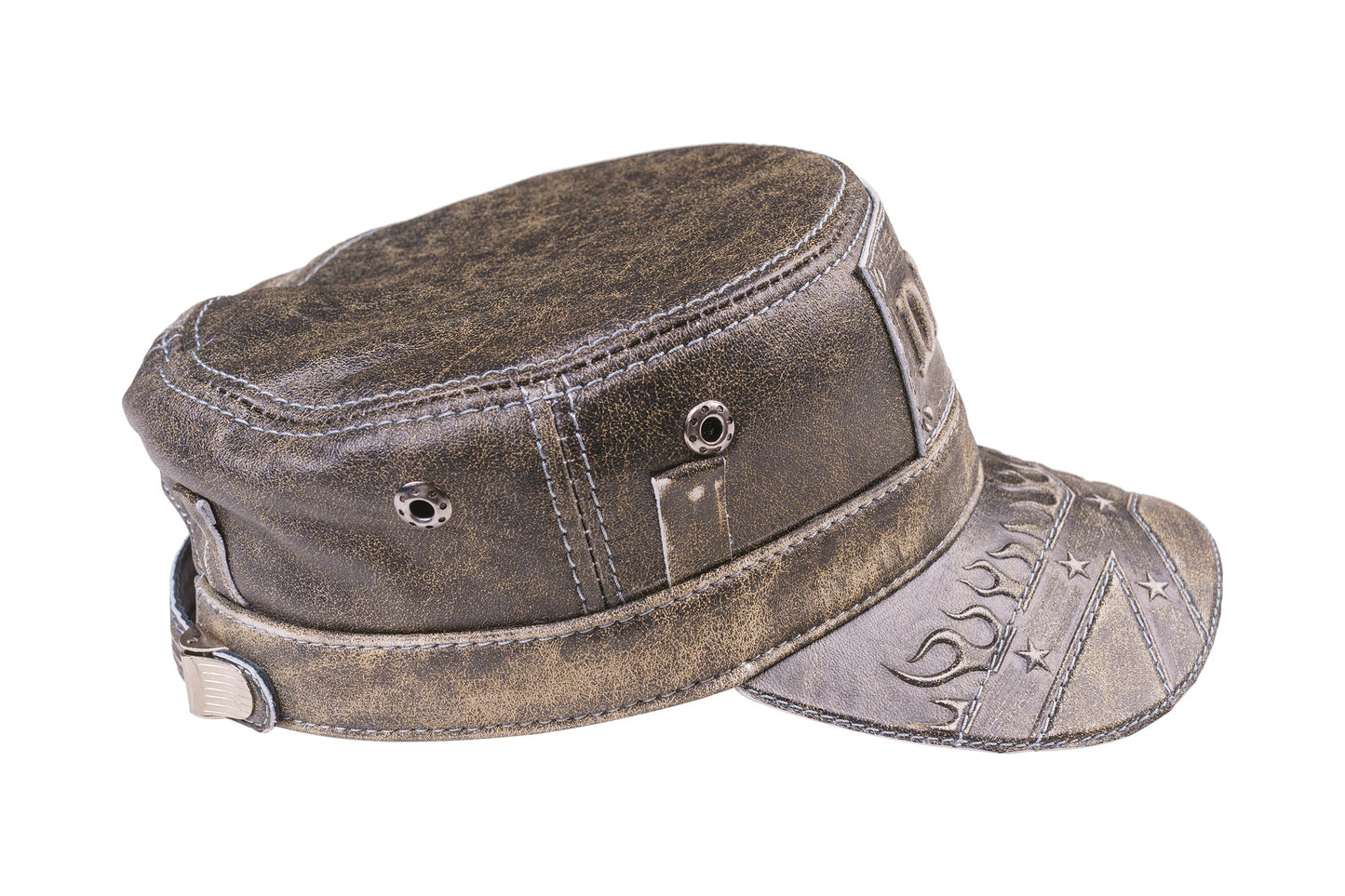 Vintage Leather DAD Biker Cap with with Stars and Flames Embossed Design