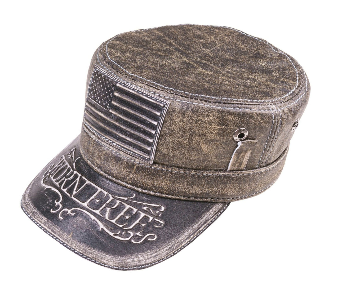 American Flag Vintage Leather Biker Cap with Born Free Motto Design