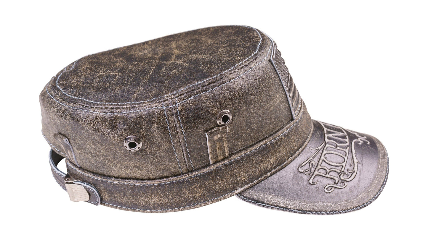 American Flag Vintage Leather Biker Cap with Born Free Motto Design