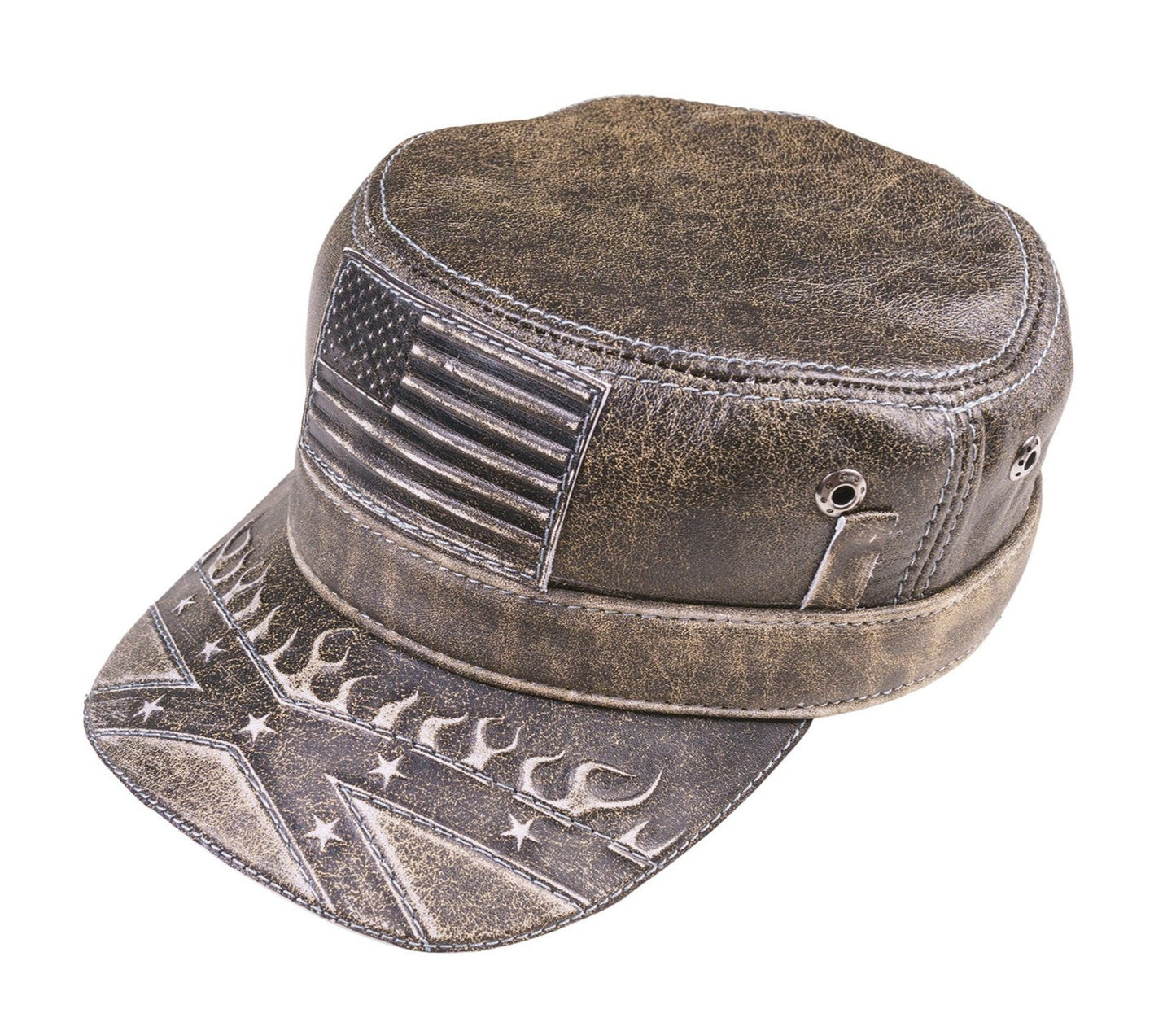 American Flag Vintage Leather Biker Cap with Flames and Stars Design