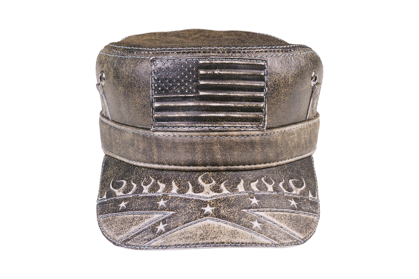 American Flag Vintage Leather Biker Cap with Flames and Stars Design