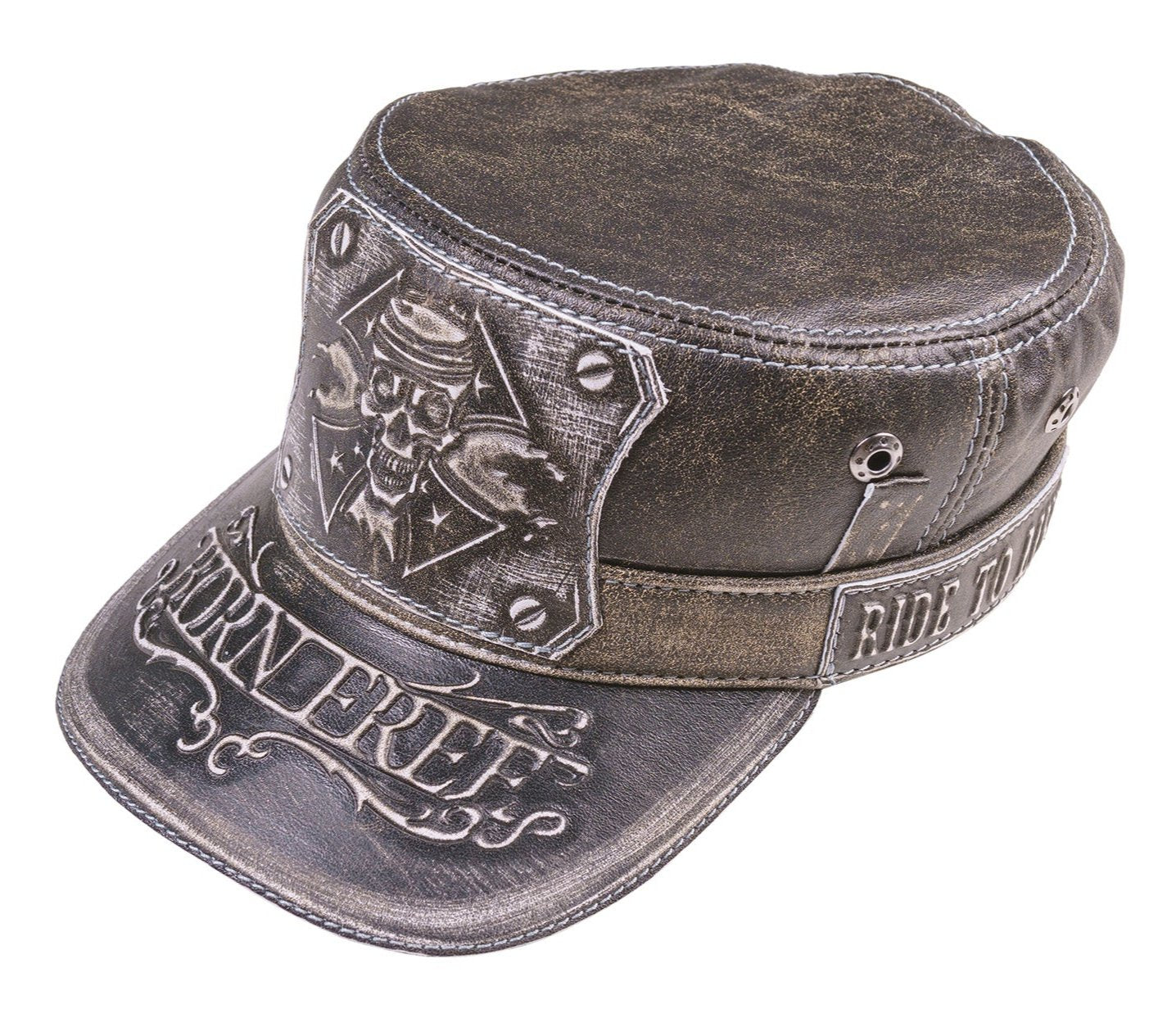 Vintage Biker "Born Free" Skull Design Leather Cap