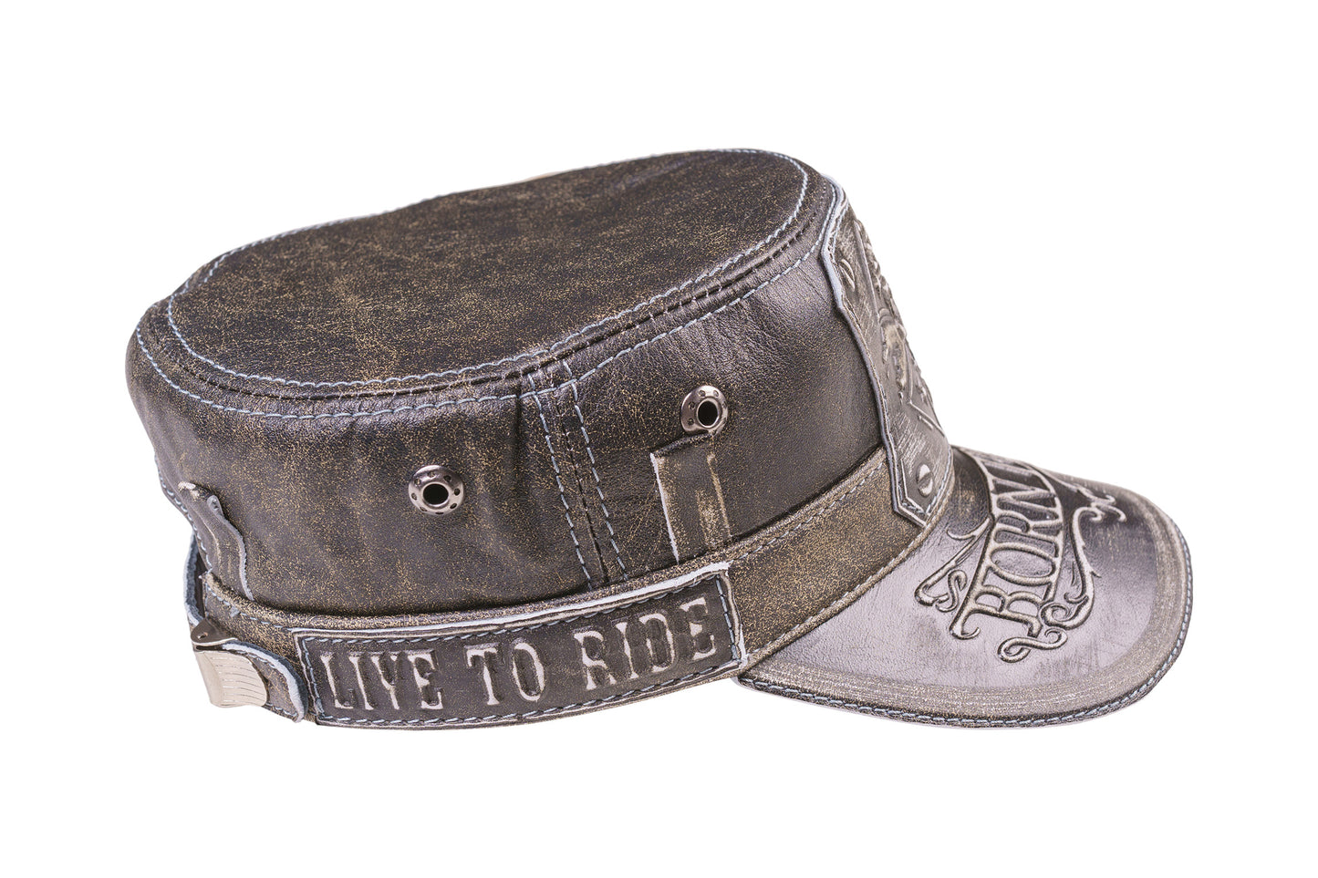 Vintage Biker "Born Free" Skull Design Leather Cap