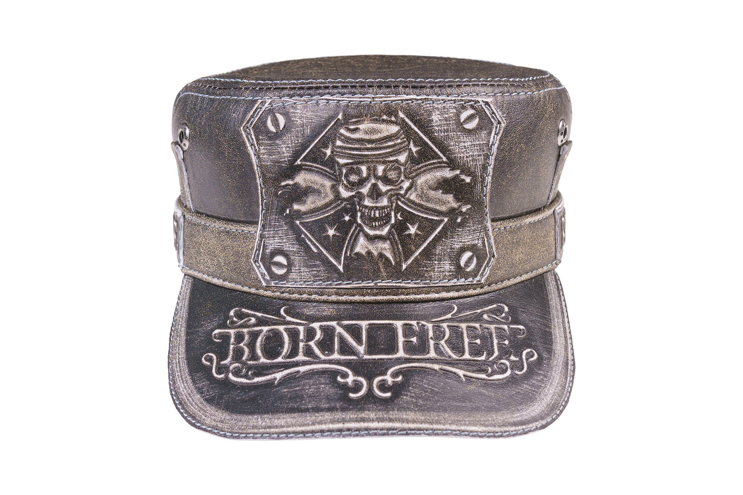 Vintage Biker "Born Free" Skull Design Leather Cap