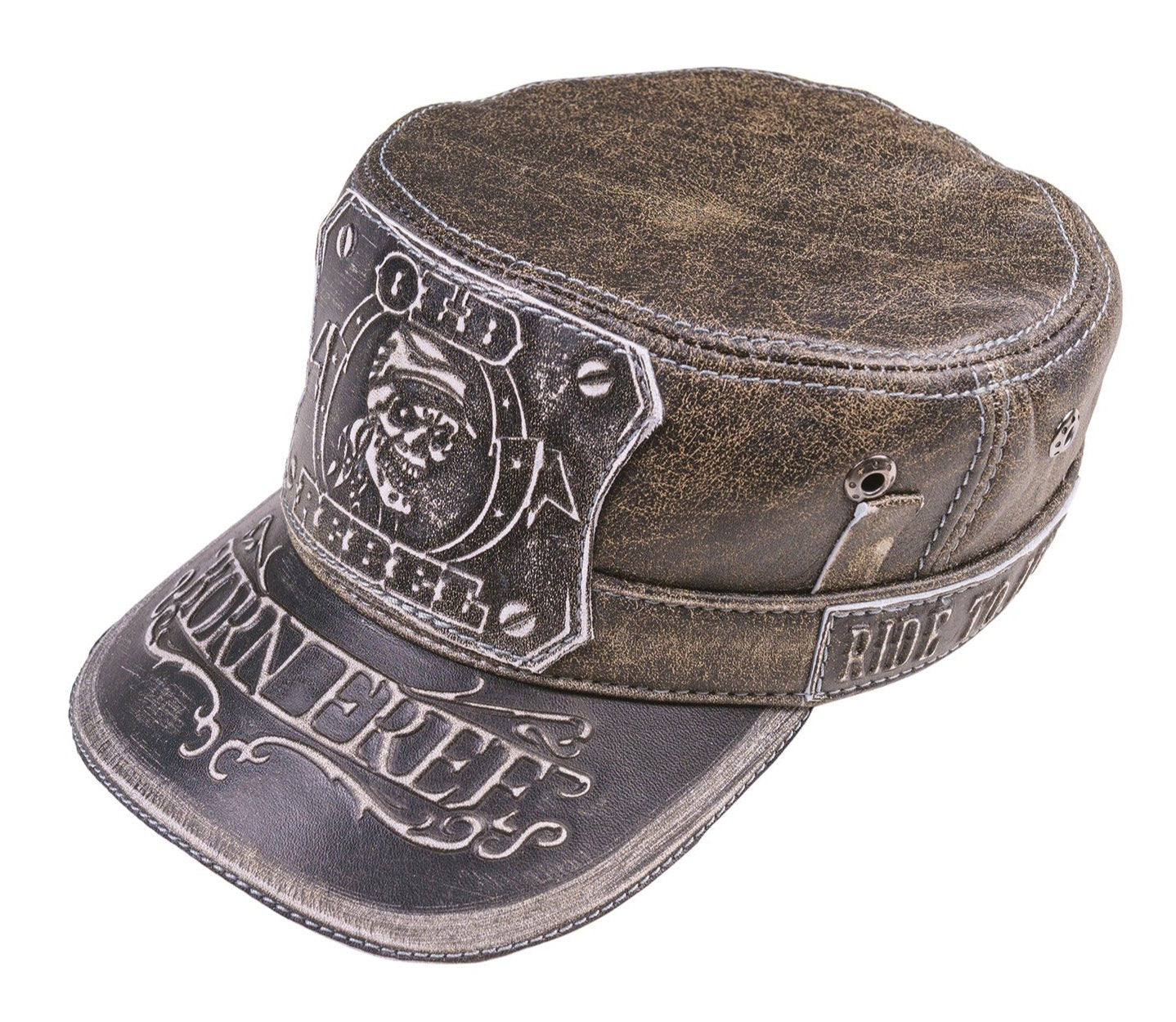 Vintage Biker "Old Rebel" Skull Design "Born Free" Leather Cap