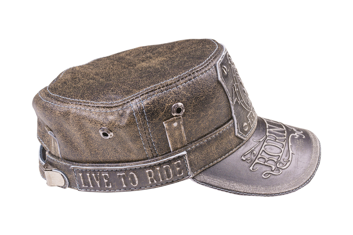 Vintage Biker "Old Rebel" Skull Design "Born Free" Leather Cap