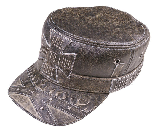 Vintage "Live to Ride" Leather Biker Cap with Cross and Flame Design