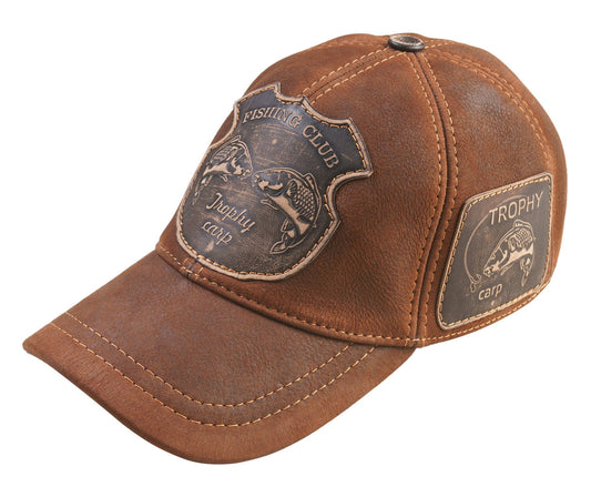 Trophy Carp Genuine Leather Handcrafted Fisherman Suede Effect Cogniac Cap