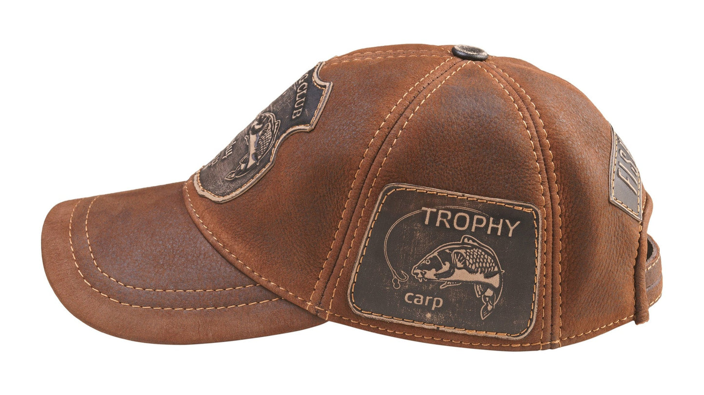 Trophy Carp Genuine Leather Handcrafted Fisherman Suede Effect Cogniac Cap