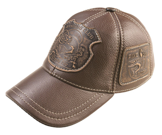 Trophy Pike Genuine Leather Handcrafted Fisherman Brown Cap