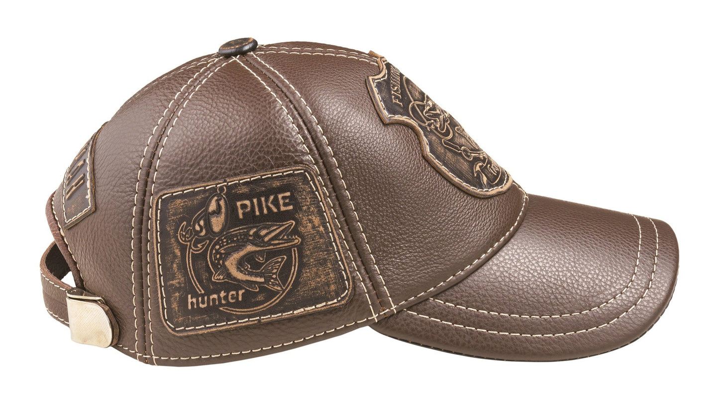 Trophy Pike Genuine Leather Handcrafted Fisherman Brown Cap