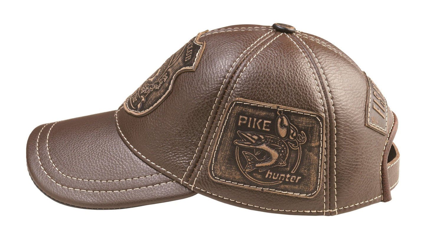 Trophy Pike Genuine Leather Handcrafted Fisherman Brown Cap