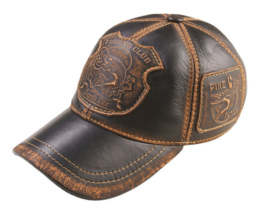 Trophy Pike Genuine Leather Handcrafted Fisherman Black&Brown Cap