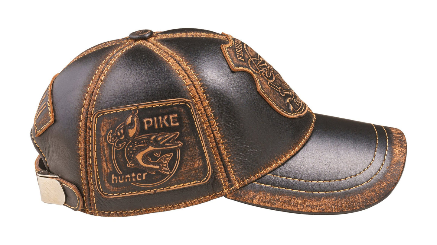 Trophy Pike Genuine Leather Handcrafted Fisherman Black&Brown Cap