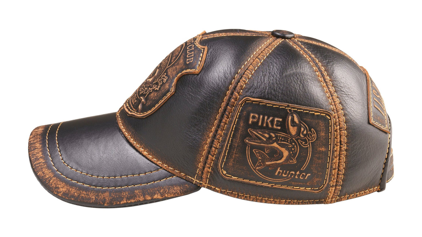 Trophy Pike Genuine Leather Handcrafted Fisherman Black&Brown Cap