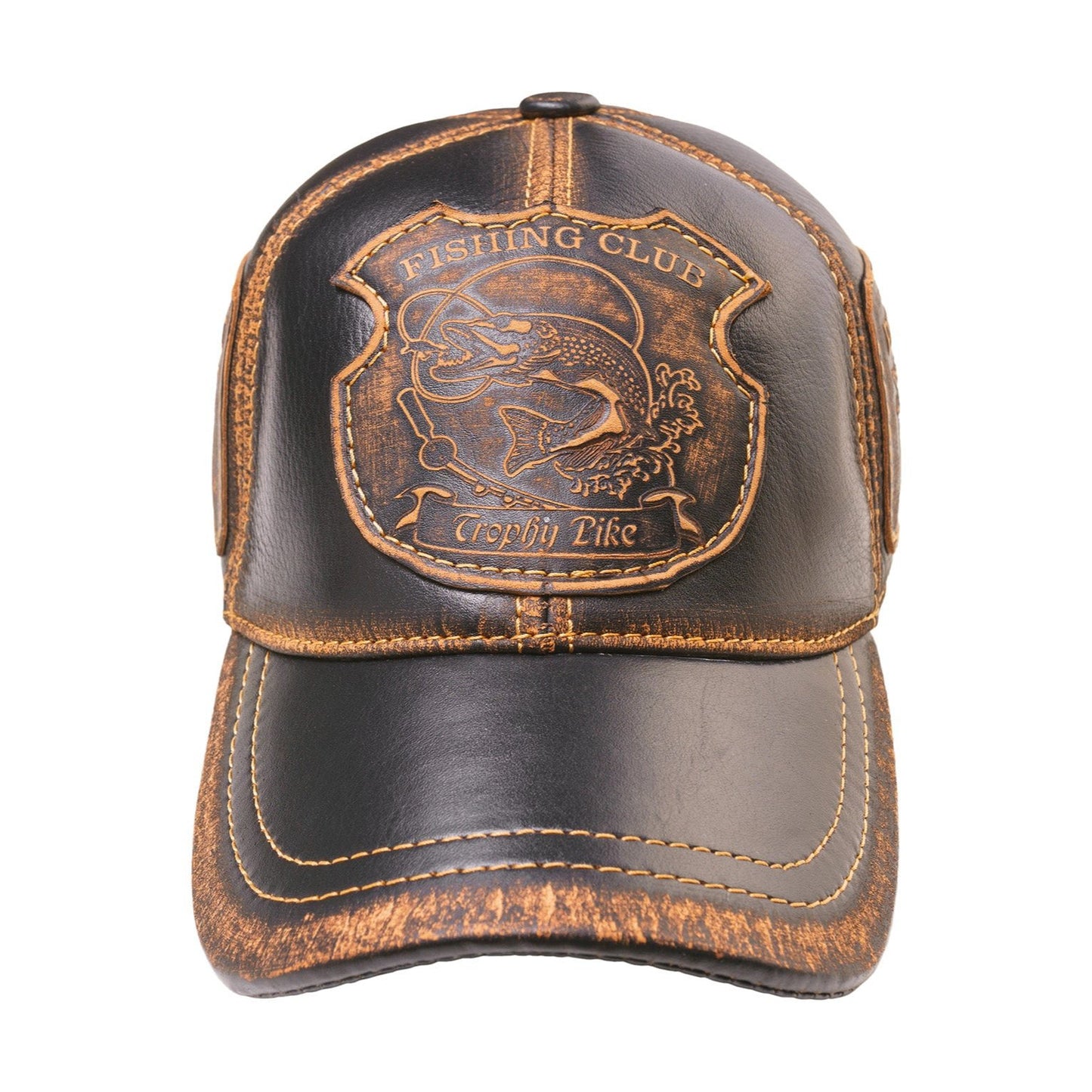 Trophy Pike Genuine Leather Handcrafted Fisherman Black&Brown Cap