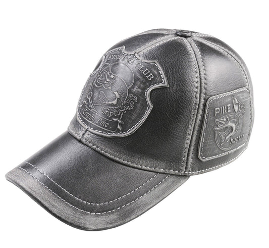 Trophy Pike Genuine Leather Handcrafted Fisherman Black Cap