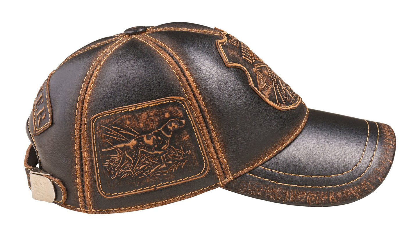 Woodcock Hunter Handcrafted Leather Cap with Embossed Patches. Black and Brown