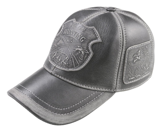 Woodcock Hunter Handcrafted Leather Cap with Embossed Patches. Gray