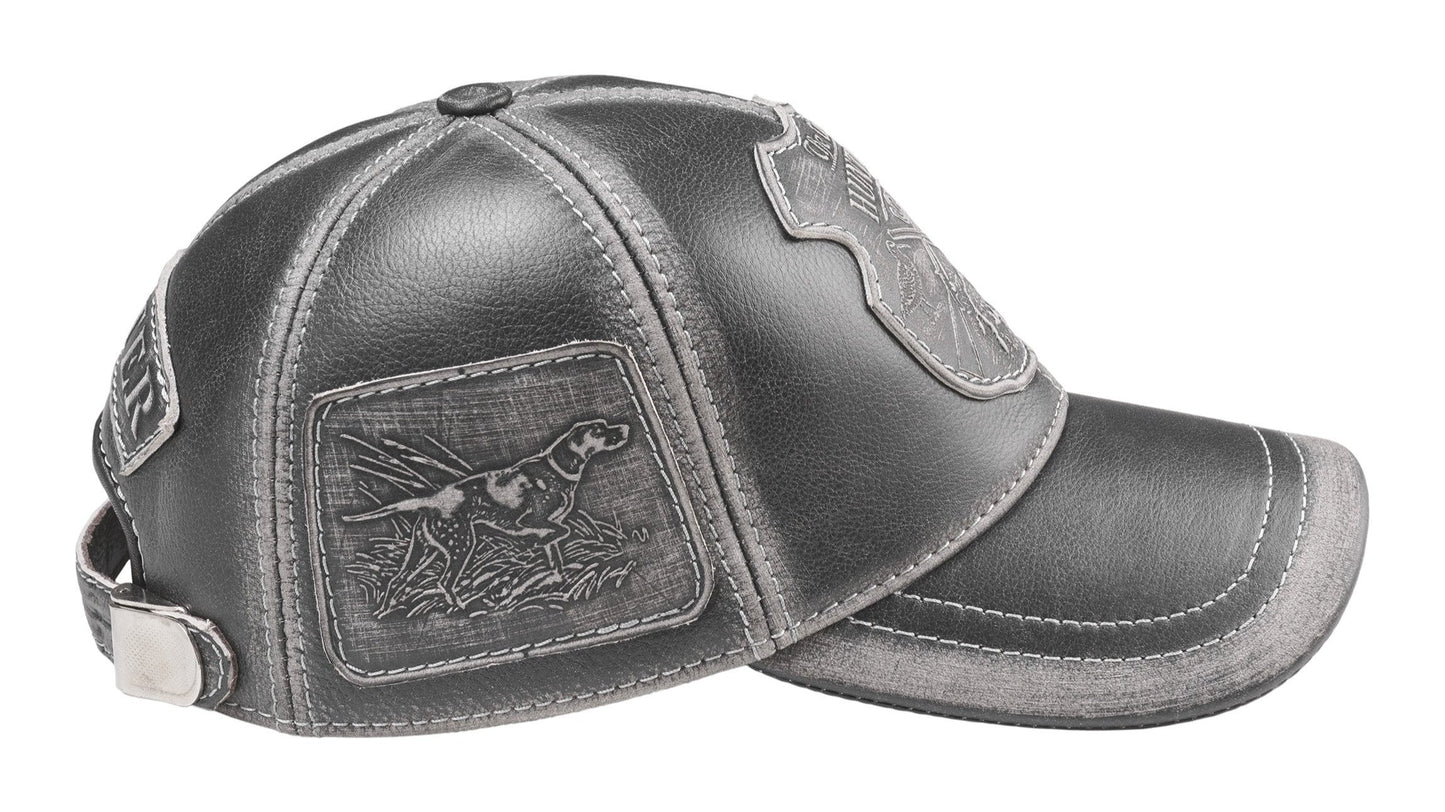 Woodcock Hunter Handcrafted Leather Cap with Embossed Patches. Gray