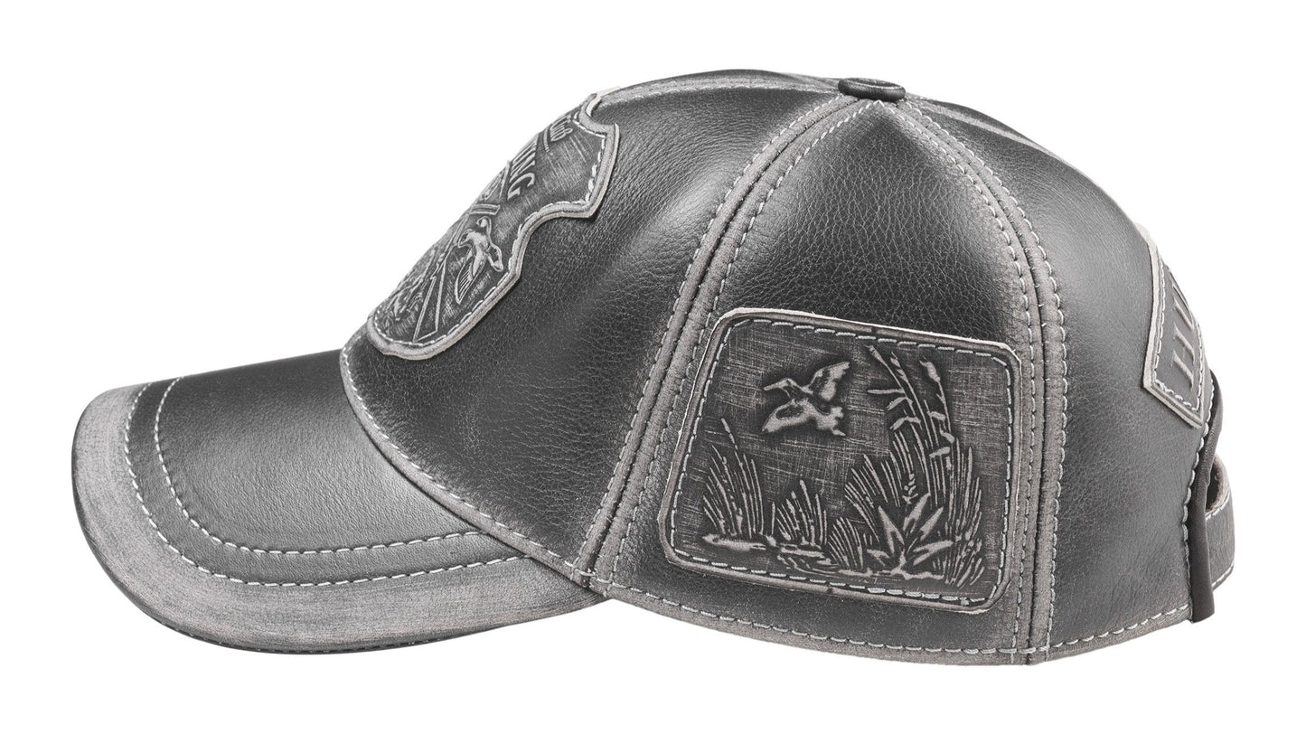 Woodcock Hunter Handcrafted Leather Cap with Embossed Patches. Gray