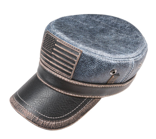 American Flag Patriotic Genuine Leather Captain Cap Blue Denim Pattern