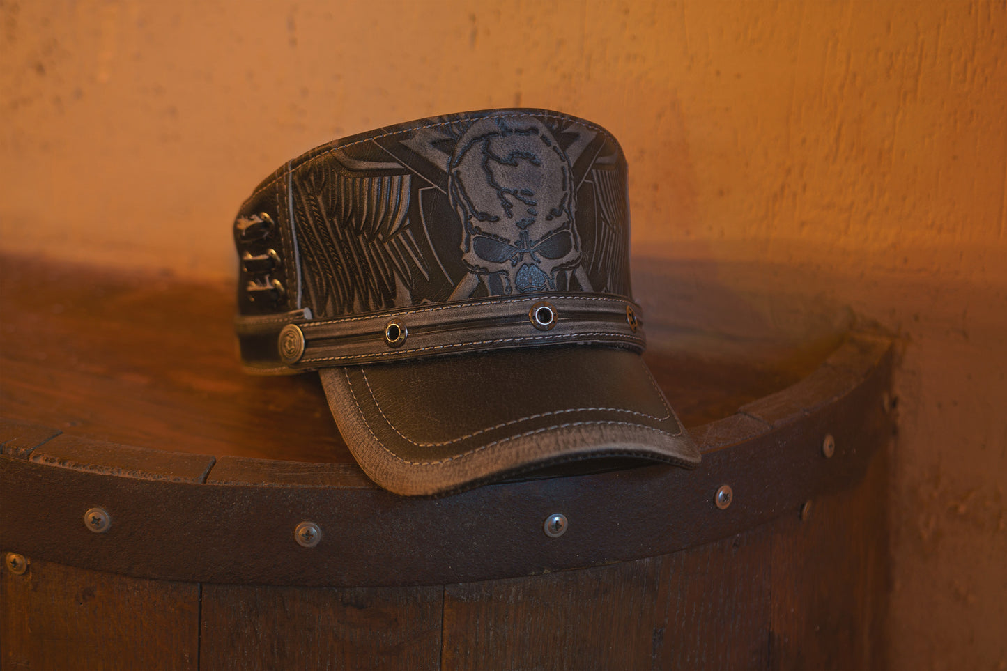 Brown Leather Biker Style Skull Cap with Winged Design & Metal Rivets