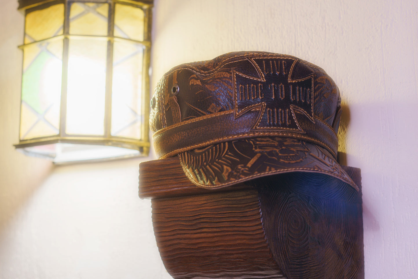 Patriotic Leather Biker Cap with Embossed Iron Cross & Flame Design