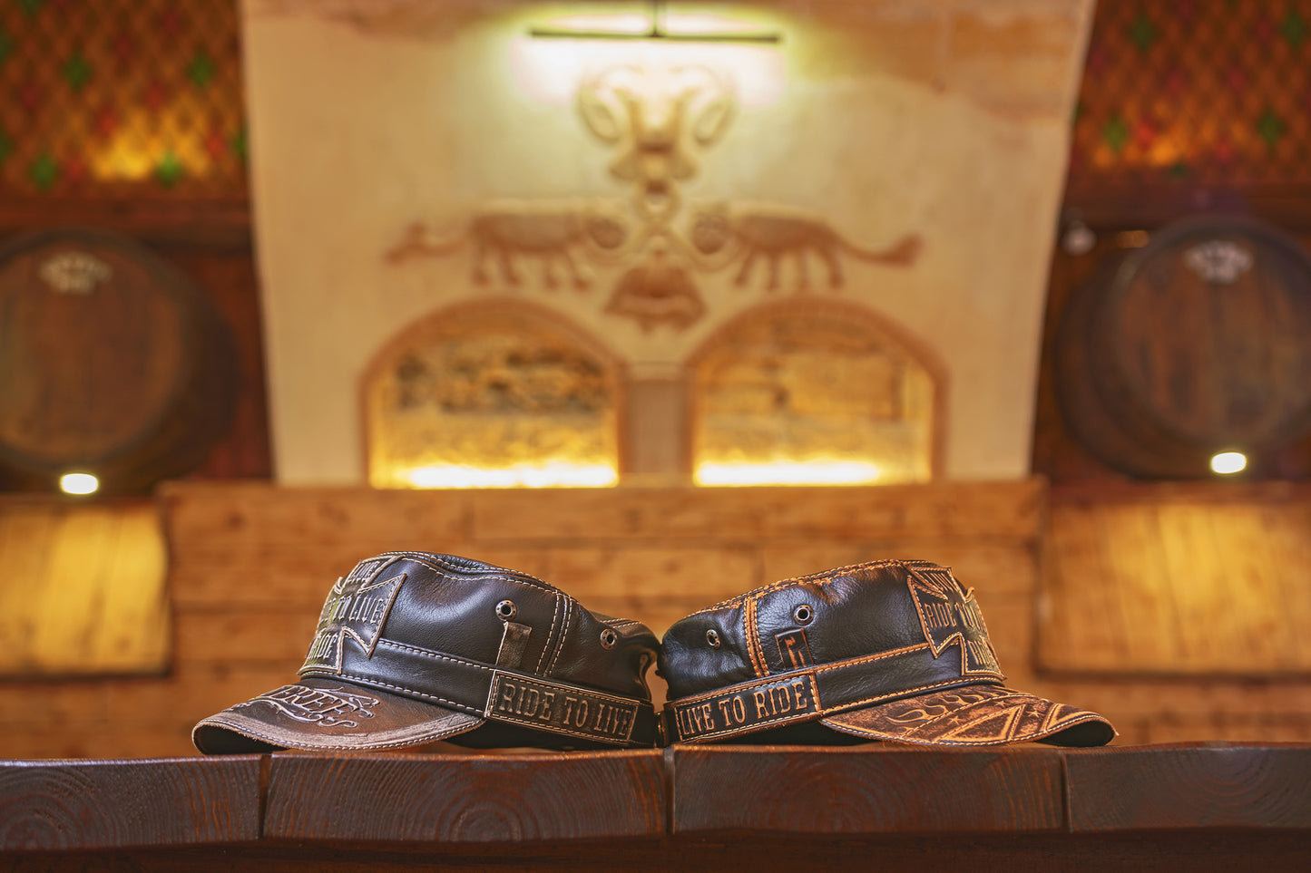 Patriotic Leather Biker Cap with Embossed Iron Cross & Flame Design