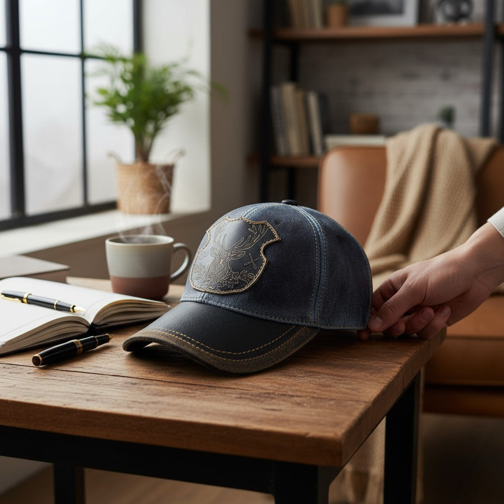 Leather Hunting Cap: Handmade Distressed Blue and Black Hat with Deer Badge | Apero Bullo