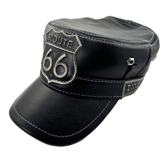 Leather Biker Hat: Handmade Black Motorcycle Cap for Men with Route 66 Badge, Ride to Live Motto and Lost Souls Back Patch | Apero Bullo