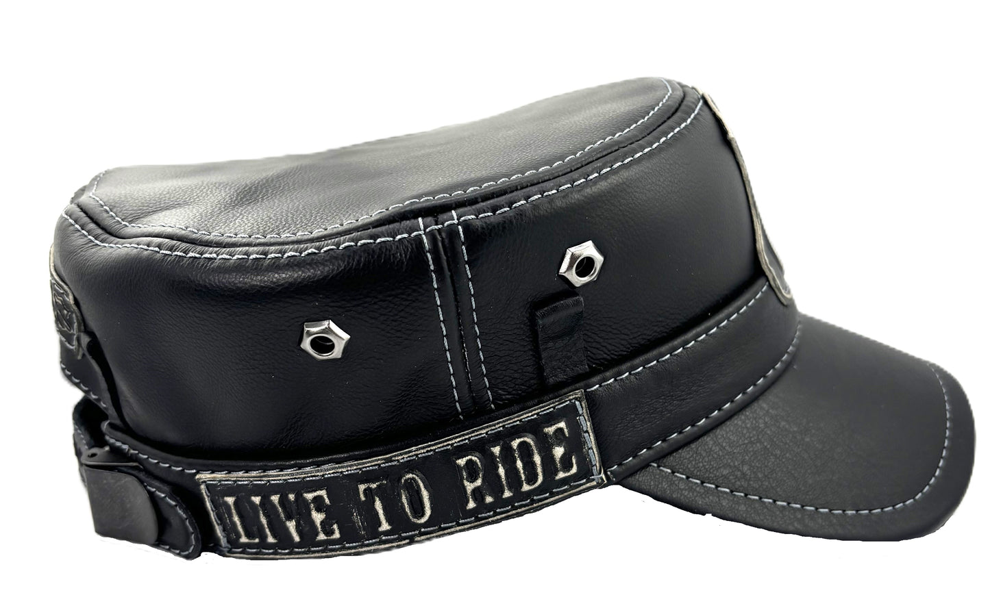 Premium Leather Black Cap with Route 66 Emblem - Handcrafted Biker Style