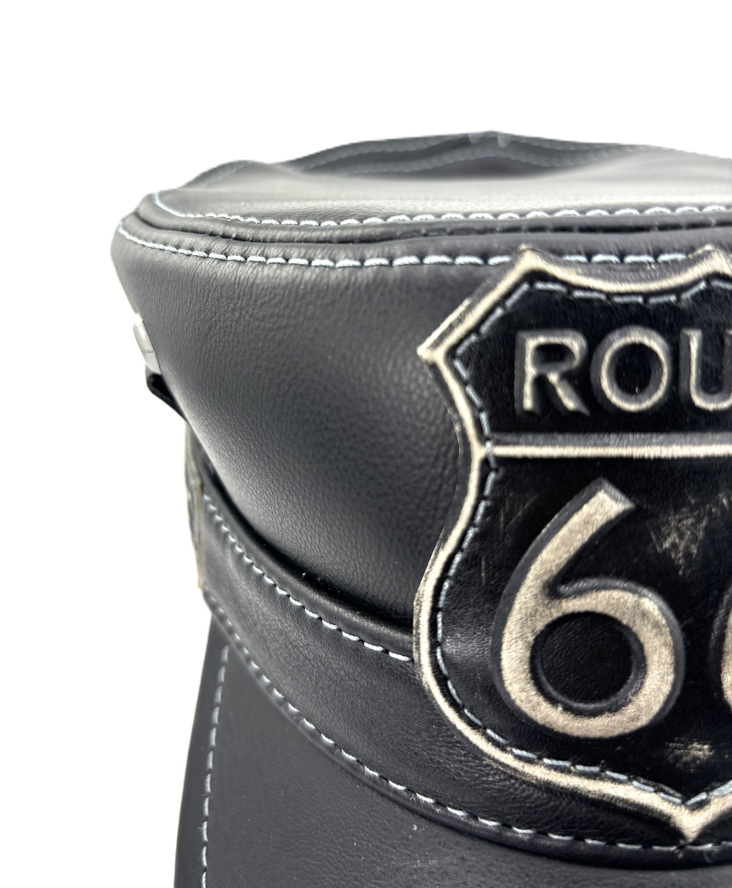 Premium Leather Black Cap with Route 66 Emblem - Handcrafted Biker Style