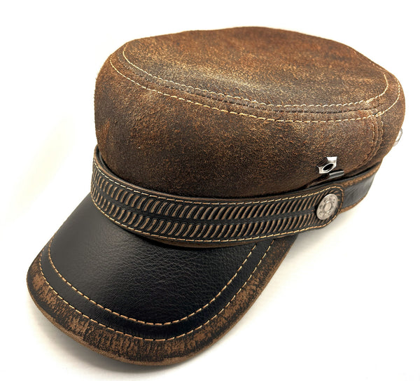 Vintage Harley Hat: Handmade Brown and Black Motorcycle Cap for Men with Distressed Finish and Vintage Band | Apero Bullo