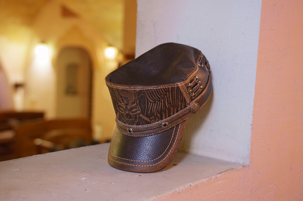 Brown Leather Biker Style Skull Cap with Winged Design & Metal Rivets